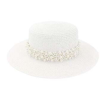 ADAHOP Women Travel Sun Hat Flat Outdoor Travel Straw Pearl Weaving Belt Hat Beach Top Hat Cap for W...