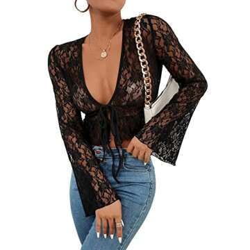 Floerns Women's Floral Lace See Through Long Sleeve Open Front Self Tie Crop Top Without Bra M Black Plain
