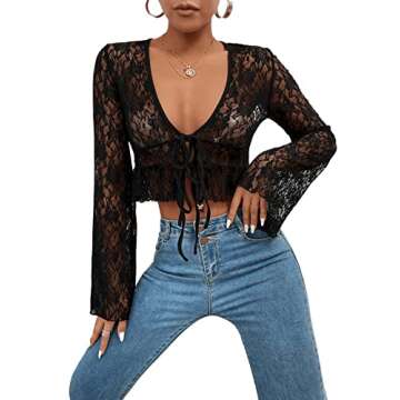 Floerns Women's Floral Lace See Through Long Sleeve Open Front Self Tie Crop Top Without Bra M Black Plain