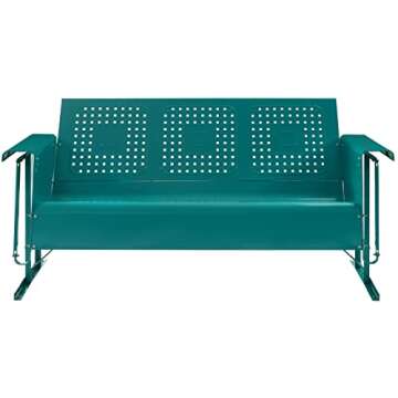 Crosley Furniture Bates Retro Metal Outdoor Sofa Glider, 3-Person Rocking Patio Bench for Porch, Deck, Turquoise Gloss