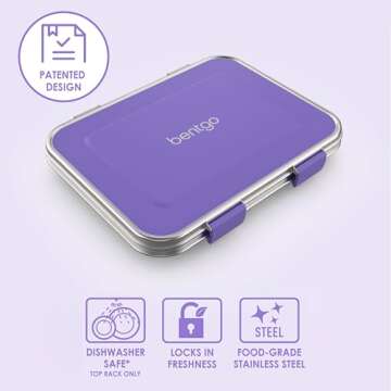 Bentgo Kids Stainless Steel Leak-Resistant Lunch Box - 3-Compartment Bento Style Lunch Box with Bonus Container - Eco-Friendly, Dishwasher Safe, BPA-Free, Ages 3+, Patented Design (Purple)