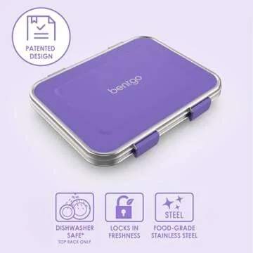 Bentgo Kids Stainless Steel Leak-Resistant Lunch Box - 3-Compartment Bento Style Lunch Box with Bonus Container - Eco-Friendly, Dishwasher Safe, BPA-Free, Ages 3+, Patented Design (Purple)