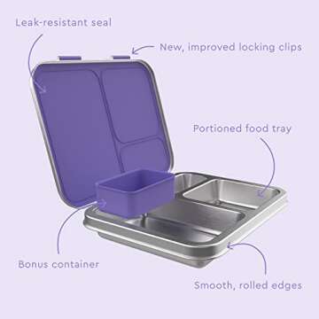 Bentgo Kids Stainless Steel Leak-Resistant Lunch Box - 3-Compartment Bento Style Lunch Box with Bonus Container - Eco-Friendly, Dishwasher Safe, BPA-Free, Ages 3+, Patented Design (Purple)