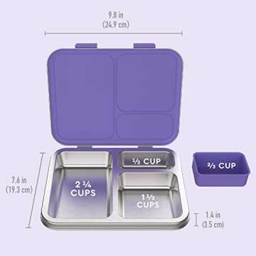 Bentgo Kids Stainless Steel Leak-Resistant Lunch Box - 3-Compartment Bento Style Lunch Box with Bonus Container - Eco-Friendly, Dishwasher Safe, BPA-Free, Ages 3+, Patented Design (Purple)