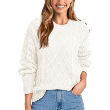 BTFBM Women's Long Sleeve Cable Sweater Crew Neck Button Shoulder Oversized Casual Fall Winter Knit ...