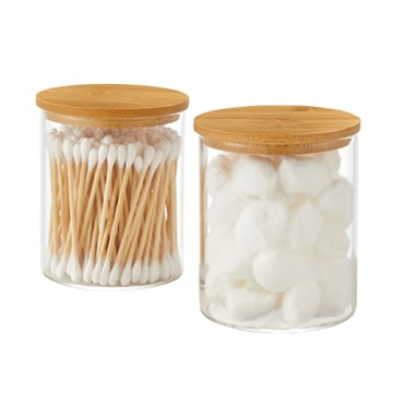 INIUNIK Glass Qtip Holder Dispenser with Bamboo Lid - 2 Pack Apothecary Jars - Cotton Balls Pads Swa...