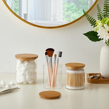 Elegant INIUNIK Glass Qtip Holder Dispenser with Bamboo Lid