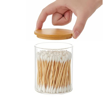 Elegant INIUNIK Glass Qtip Holder Dispenser with Bamboo Lid