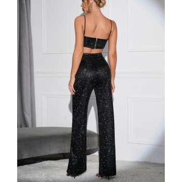 Colysmo Women's Two Piece Outfit Sparkle Sequin Sleeveless Cami Crop Top Bling Glitter High Waist Straight Wide Leg Pants Set Black