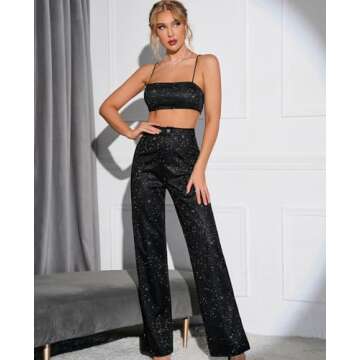 Colysmo Women's Two Piece Outfit Sparkle Sequin Sleeveless Cami Crop Top Bling Glitter High Waist Straight Wide Leg Pants Set Black