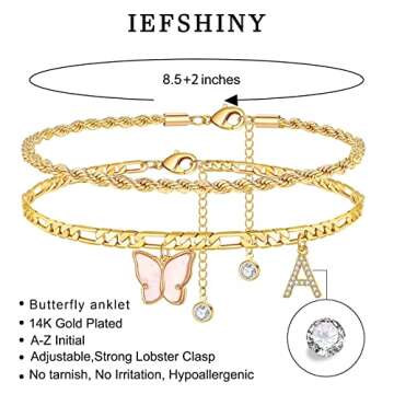Ankle Bracelets for Women, Butterfly Anklet 14K Gold Plated Ankle Bracelet Dainty Gold Anklets for W...