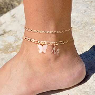 Ankle Bracelets for Women, Butterfly Anklet 14K Gold Plated Ankle Bracelet Dainty Gold Anklets for Women Letter K Initial Anklet Layered Ankle Bracelets for Women Ankle Bracelets Jewelry Gifts