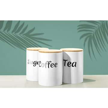 COCOYA Coffee Sugar Tea Ceramic Jars Set, 5¼ cups/42 fl oz Large Capacity Airtight Kitchen Food Storage Containers with Bamboo Lids White Canisters for Countertop, Recipientes para Café, Azúcar y Té