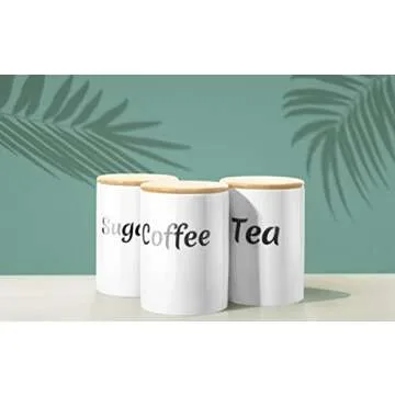COCOYA Coffee Sugar Tea Ceramic Jars Set, 5¼ cups/42 fl oz Large Capacity Airtight Kitchen Food Storage Containers with Bamboo Lids White Canisters for Countertop, Recipientes para Café, Azúcar y Té