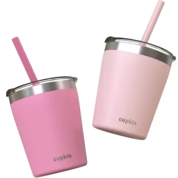 CUPKIN Kids Tumblers, The Original 8 oz Stackable Stainless Steel Kids Cup with Straws, Set of 2 Pow...
