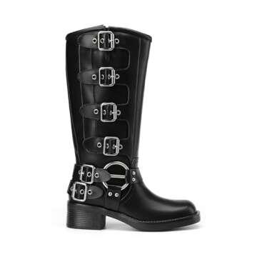 DREAM PAIRS Women's Knee High Riding Boots Side Zipper Motorcycle Boots Square Toe Chunky Heel Fashion Buckles Biker Boots,Size 7.5,BLACK-1,SDKB2416W