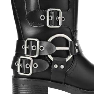 DREAM PAIRS Women's Knee High Riding Boots Side Zipper Motorcycle Boots Square Toe Chunky Heel Fashion Buckles Biker Boots,Size 7.5,BLACK-1,SDKB2416W