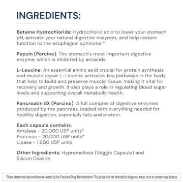 BodyHealth Digestive Enzymes Full Spectrum Digestive Support (180 caps), Betaine, Pepsin, Pancreatin BPP Loaded with Enzymes and Probiotics, Relief for Stomach Bloating, Heartburn, Gas, Constipation