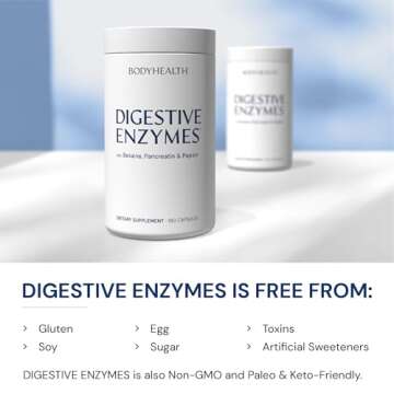 BodyHealth Digestive Enzymes Full Spectrum Digestive Support (180 caps), Betaine, Pepsin, Pancreatin BPP Loaded with Enzymes and Probiotics, Relief for Stomach Bloating, Heartburn, Gas, Constipation