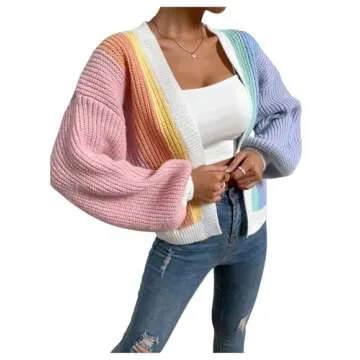 SHENHE Women's Color Block Open Front Long Sleeve Ribbed Knit Cropped Cardigan Sweaters Multicolor M