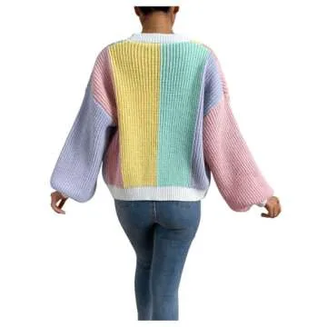 SHENHE Women's Color Block Open Front Long Sleeve Ribbed Knit Cropped Cardigan Sweaters Multicolor M