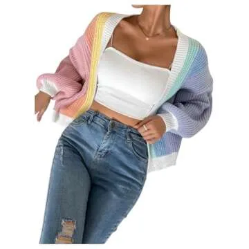 SHENHE Women's Color Block Open Front Long Sleeve Ribbed Knit Cropped Cardigan Sweaters Multicolor M