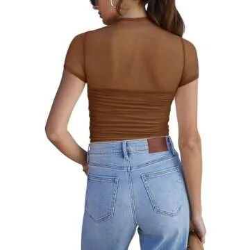 REORIA Sexy Bodysuits for Women Classic Mock Turtle Neck Short Sleeve Slim Fit Shirts Sheer Mesh Ruc...