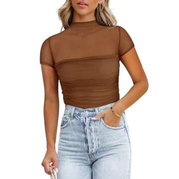 REORIA Sexy Bodysuits for Women Classic Mock Turtle Neck Short Sleeve Slim Fit Shirts Sheer Mesh Ruched Trendy Going Out Tops Cute Office Bodysuits Coffee Small