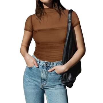 REORIA Sexy Bodysuits for Women Classic Mock Turtle Neck Short Sleeve Slim Fit Shirts Sheer Mesh Ruched Trendy Going Out Tops Cute Office Bodysuits Coffee Small