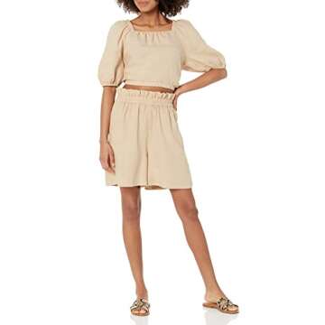 The Drop Women's Evelyn Cropped Square Neck Bubble Top, Hummus, M