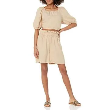 The Drop Women's Evelyn Cropped Square Neck Bubble Top, Hummus, M