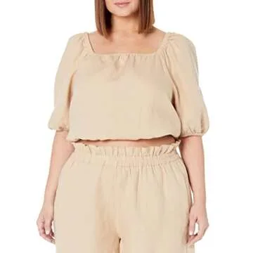 The Drop Women's Evelyn Cropped Square Neck Bubble Top, Hummus, M