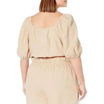 The Drop Women's Evelyn Cropped Square Neck Bubble Top, Hummus, M