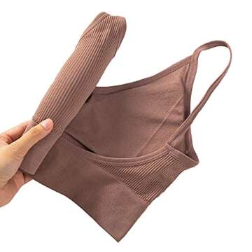 Anmose Sports Bras Tank top Low Back Sleep Bra Seamless Without Steel Ring V Neck Cami Everyday Backless Bra for Women Coffee-S