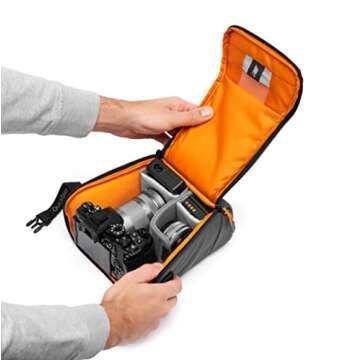 Lowepro GearUp Creator Box Medium II, Mirrorless and DSLR Camera Bag, Camera Case with QuickDoor Access, Made with Recycled Fabric, Orange Padded Interior Dividers, Grey