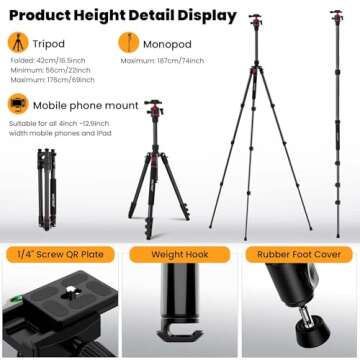 MACTREM Camera Tripod, 74 inch/187cm Aluminum Travel Tripod & Monopod with 360°Ball Head, Lightweight Tripod for Smartphone iPad Canon Nikon Sony Binoculars Laser Level Telescope