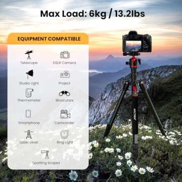 MACTREM Camera Tripod, 74 inch/187cm Aluminum Travel Tripod & Monopod with 360°Ball Head, Lightweight Tripod for Smartphone iPad Canon Nikon Sony Binoculars Laser Level Telescope