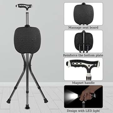 Hold 440 lbs Cane with Seat Combo Aluminum Alloy Portable LED Folding Walking Stick Chair Height Adjustable Heavy Duty Thick Stool Handy Unisex for Elderly Senior Light