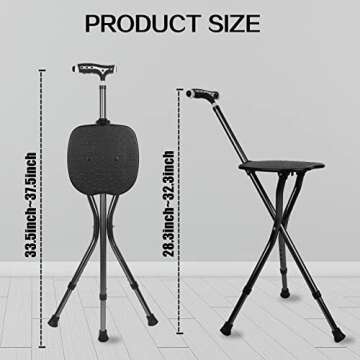 Hold 440 lbs Cane with Seat Combo Aluminum Alloy Portable LED Folding Walking Stick Chair Height Adjustable Heavy Duty Thick Stool Handy Unisex for Elderly Senior Light