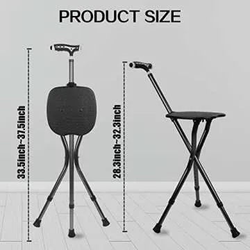 Hold 440 lbs Cane with Seat Combo Aluminum Alloy Portable LED Folding Walking Stick Chair Height Adjustable Heavy Duty Thick Stool Handy Unisex for Elderly Senior Light