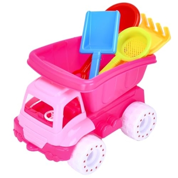 Top Race Beach Dump Truck - Sand Toy Set of 5 - Kids Dump Truck - 4 Multicolored Shovels and 1 Pink ...