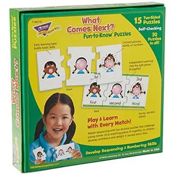 Trend Enterprises: Fun-to-Know Puzzles: What Comes Next? Learn Sequencing in Pictures & Words, 15 Three-Piece Two-Sided Puzzles, Self-Checking, 30 Puzzles Total, for Ages 4 and Up