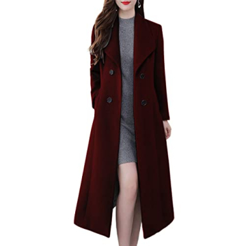ebossy Women's Shawl Collar Double Breasted Below Knee Slim Wool Trench Long Coat (X-Small, Wine red...