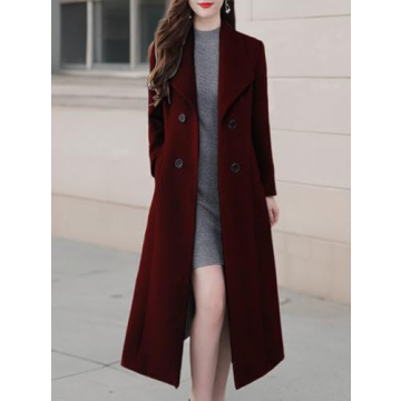 ebossy Women's Elegant Wool Trench Long Coat in Wine Red