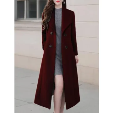 ebossy Women's Elegant Wool Trench Long Coat in Wine Red