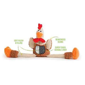 goDog Checkers Skinny Rooster Squeaky Plush Dog Toy, Chew Guard Technology - Brown, Large