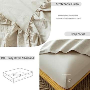 MooMee Bedding Sheet Set 100% Washed Cotton Linen Like Textured Breathable Durable Soft Comfy (Cream Grey, King)