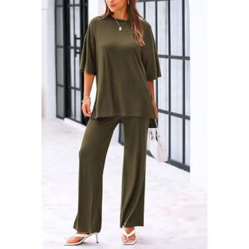 KIRUNDO Womens Loungewear Set 2025 Trendy Summer Casual Short Sleeve Tops Wide Leg Lounge Pants Set Going Home Outfit For Mom After Birth(Army Green, Small)