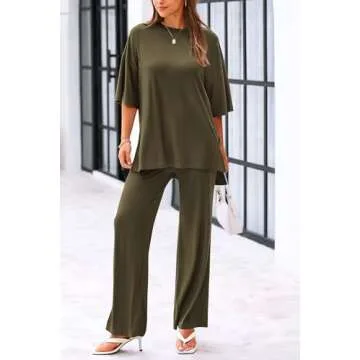 KIRUNDO Womens Loungewear Set 2025 Trendy Summer Casual Short Sleeve Tops Wide Leg Lounge Pants Set Going Home Outfit For Mom After Birth(Army Green, Small)