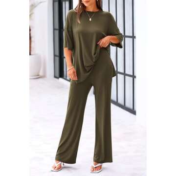 KIRUNDO Womens Loungewear Set 2025 Trendy Summer Casual Short Sleeve Tops Wide Leg Lounge Pants Set Going Home Outfit For Mom After Birth(Army Green, Small)